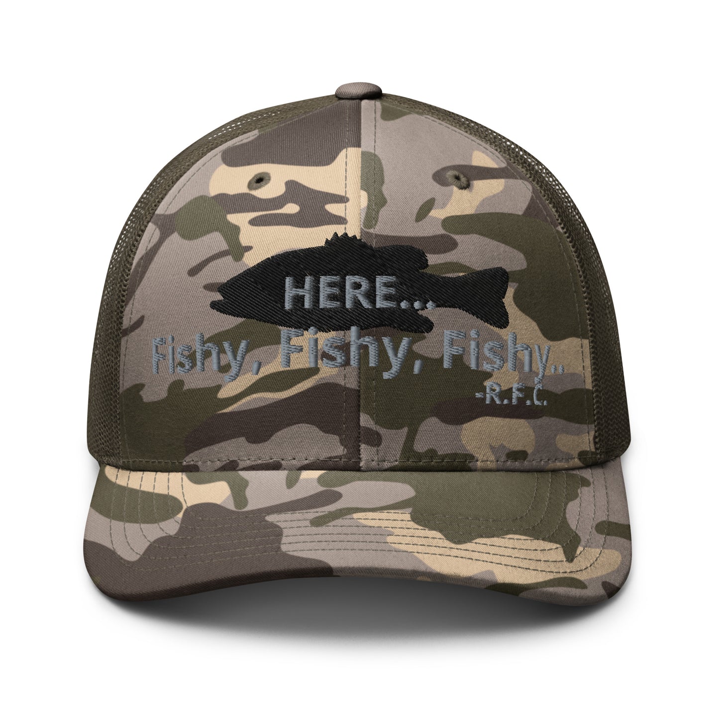 Here Fishy Fishy Camouflage trucker hat